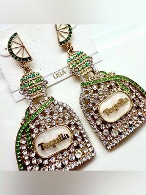 NWT Gold Tequila Bottle Drop Earrings with Green & Clear Crystals
